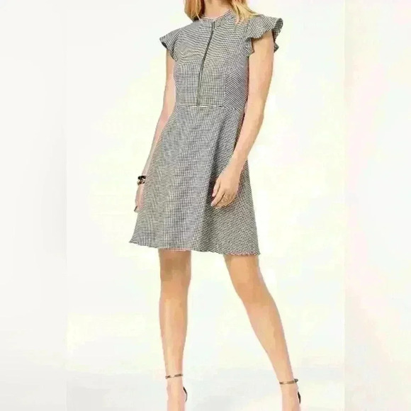 Zoe By Rachel Zoe Front Zip Black White Houndstooth Dress Size 12 Flutter Sleeve - Picture 1 of 8